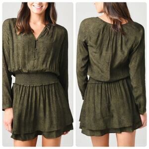 Rails Olive Green Speckled Mini Dress Size L Smocked Waist Long Sleeve V-Neck